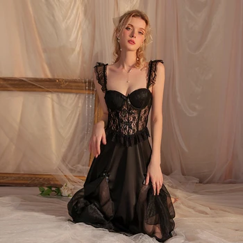 IRENE TINNIE Fransız Backless Dantel Gecelik Seksi Iç Çamaşırı Oymak Bayan Uzun Gecelik Derin V Kayış Pijama Ev Takım Elbise
