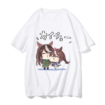 Uma Musume Güzel Derby Erkek T-shirt Kawaii grafikli tişört Kız Büyük Boy T Shirt Kadın Karikatür Üstleri %100 % pamuklu giysiler Rahat