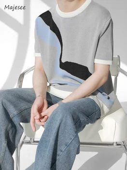 Örme T-Shirt Erkekler Eğlence Kontrast Renk Moda Canlılık Genç Kore Tarzı Mizaç Yakışıklı Tüm Maç Yuvarlak Boyun