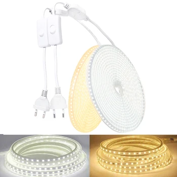 220V LED Şerit İşıklar Esnek LED ışık Yüksek Parlaklık Su Geçirmez Mutfak Açık LED Lamba Bant Şerit AB Tak ve Anahtarı